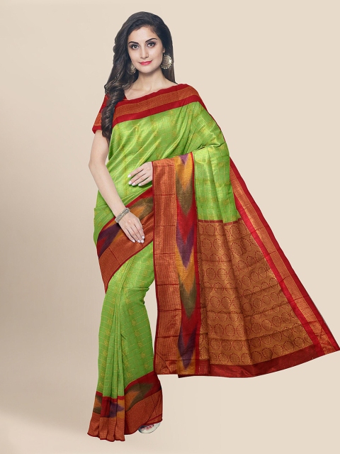 

KLM Fashion Mall Green Checked Silk Blend Saree