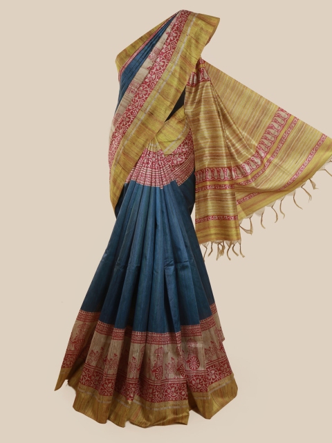 

Pothys Blue & Olive Green Jute Silk Printed Saree Tasseled Pallu