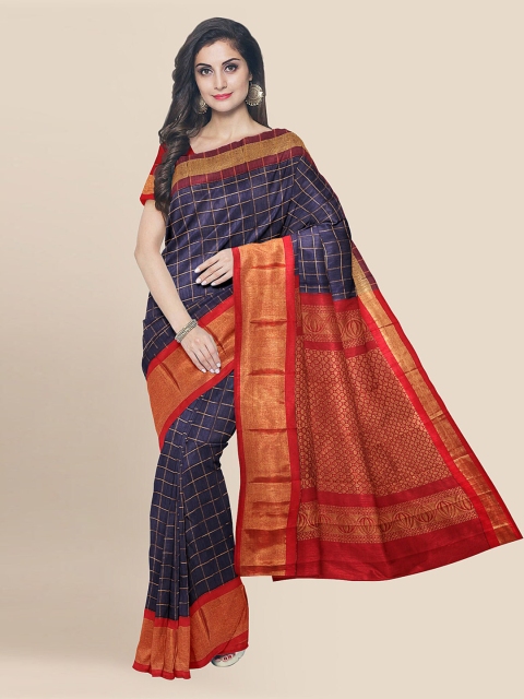 

KLM Fashion Mall Navy Blue Silk Blend Checked Chanderi Saree