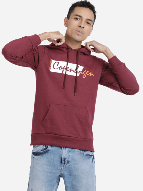 

MASH UNLIMITED Men Maroon Printed Hooded Sweatshirt