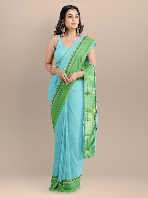 

BharatSthali Blue & Green Silk Cotton Colourblocked Maheshwari Saree