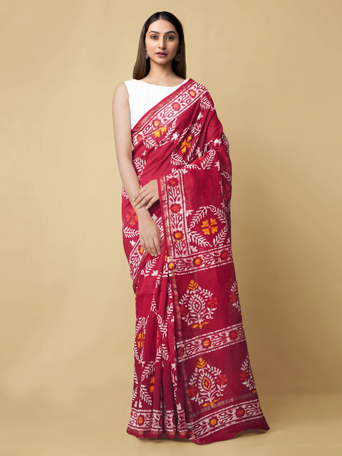 

Unnati Silks Red Silk Cotton Printed Chanderi Saree