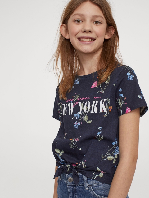 

H&M Girls Navy Blue & Pink Tie-Hem Top
