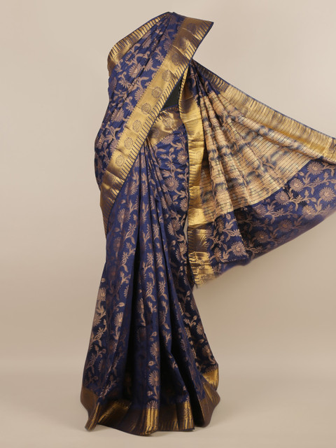 

Pothys Navy Blue & Gold-Toned Jute Silk Woven Design Saree