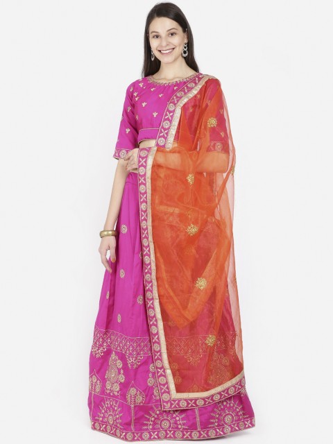 

SAADHVI Pink & Orange Embroidered Semi-Stitched Lehenga & Blouse with Dupatta