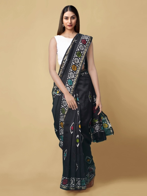 

Unnati Silks Black Silk Cotton Printed Chanderi Saree