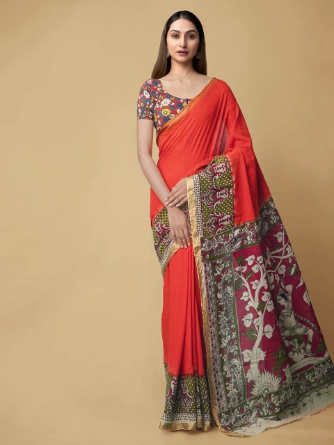 

Unnati Silks Orange Pure Cotton Printed Kanjeevaram Saree