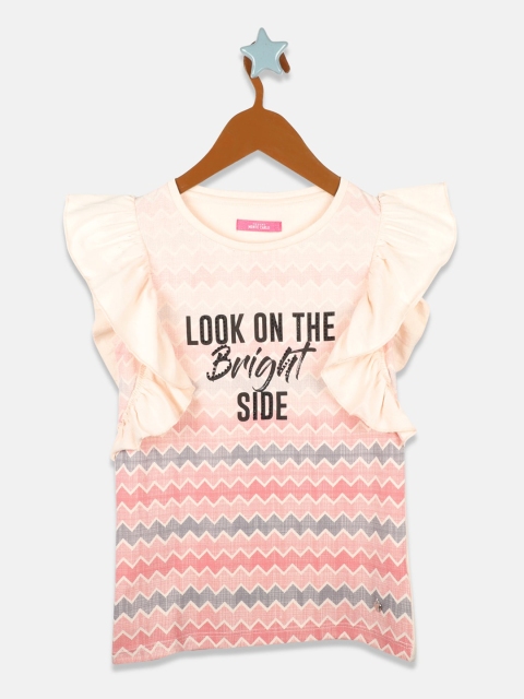 

Monte Carlo Girls Peach-Coloured Printed Flutter Sleeves Regular Top