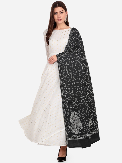 

Mitera White & Navy Blue Silk Blend Semi-Stitched Dress Material