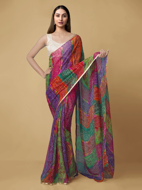 

Unnati Silks Multicoloured Pure Chiffon Printed Bandhani Saree, Multi