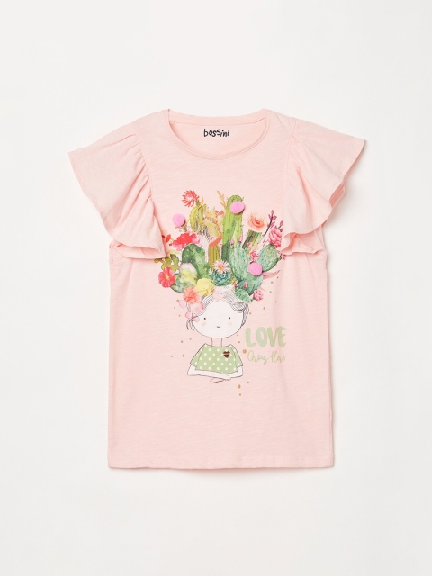 

Bossini Peach-Coloured Printed Bell Sleeves Pure Cotton Regular Top