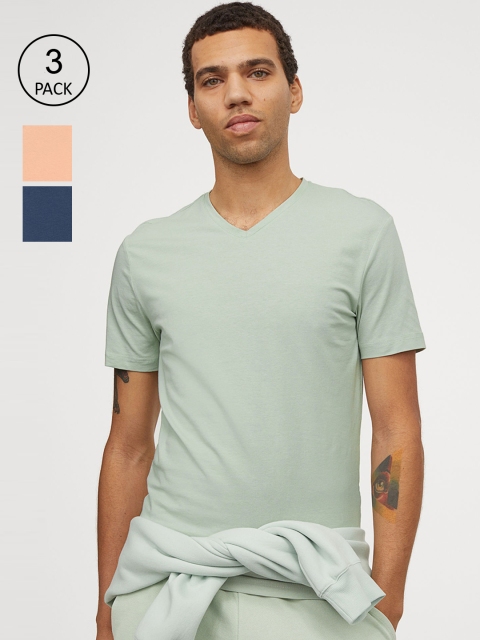 

H&M Men 3 Pack Blue & Orange Solid Slim Fit T-shirts