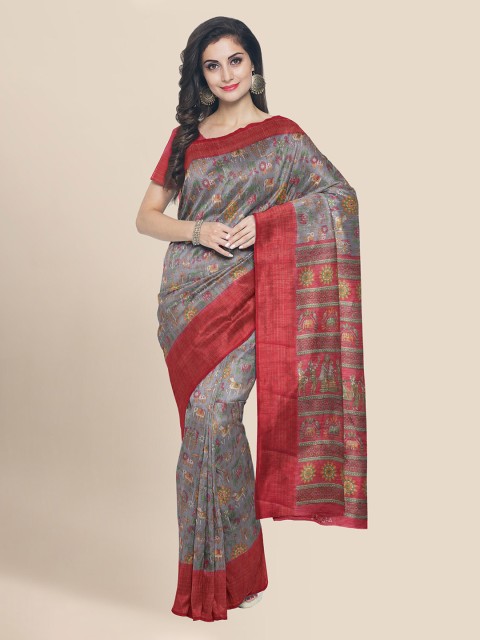 

KLM Fashion Mall Grey & Red Linen Blend Printed Banarasi Saree