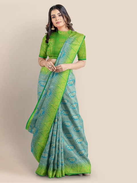 

KLM Fashion Mall Blue & Green Silk Blend Woven Design Banarasi Saree