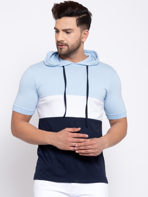 

Kalt Men Navy Blue & White Colorblocked Hooded Tshirt