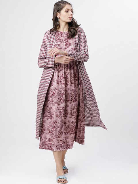 

Vishudh Women Pink Printed A-Line Dress