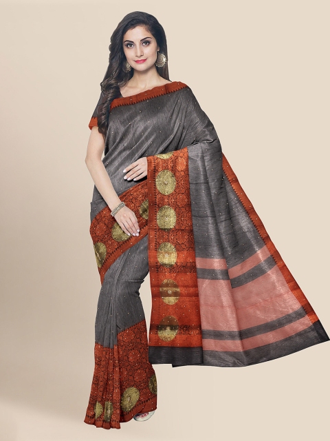 

KLM Fashion Mall Grey & Maroon Linen Blend Embellished Banarasi Saree
