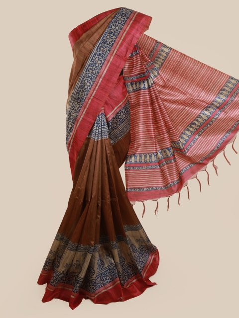 

Pothys Brown Printed Jute Silk Saree With Tasseled Pallu