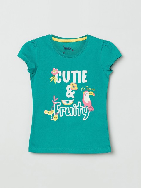 

max Girls Green Printed Puff Sleeves Pure Cotton Top