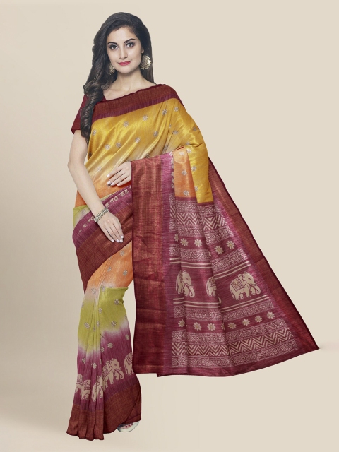 

KLM Fashion Mall Yellow & Burgundy Linen Blend Printed Banarasi Saree