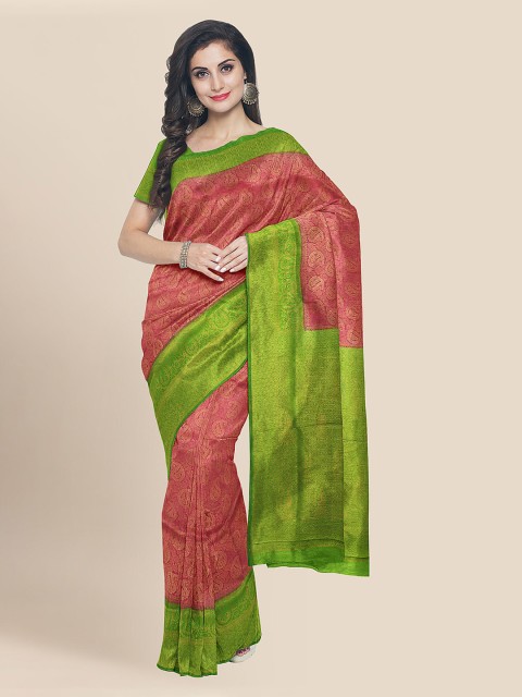 

KLM Fashion Mall Red & Green Silk Blend Solid Banarasi Saree