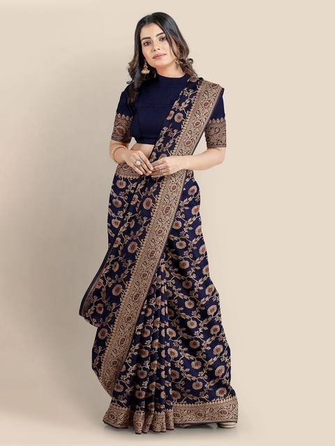 

KLM Fashion Mall Navy Blue Silk Blend Woven Design Banarasi Saree