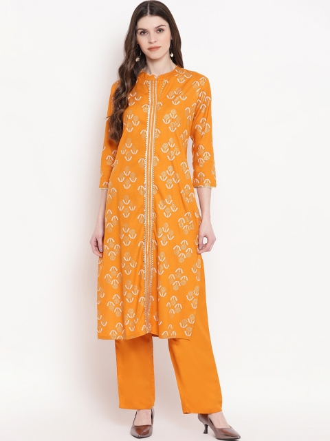 

Khushal K Women Mustard Yellow & White Printed Kurta with Palazzos