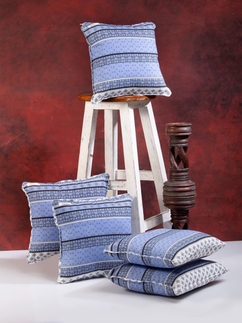

I AM FOR YOU Blue & Black Set of 5 Ethnic Motifs Square Cushion Covers