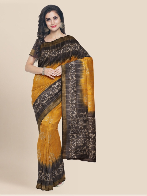 

KLM Fashion Mall Yellow Linen Blend Checked Banarasi Saree