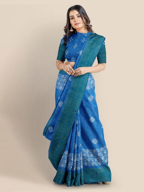 

KLM Fashion Mall Blue & Off-White Linen Blend Printed Banarasi Saree