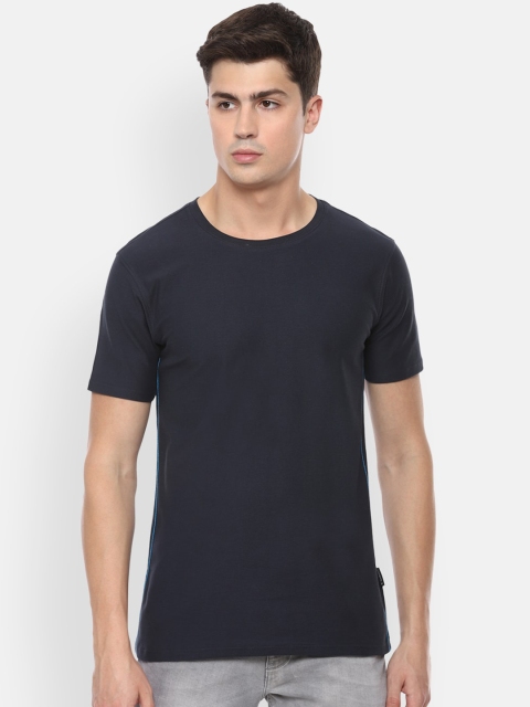 

V Dot Men Navy Blue Solid Round Neck Cotton T-shirt