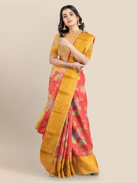 

KLM Fashion Mall Red & Yellow Silk Blend Printed Banarasi Saree