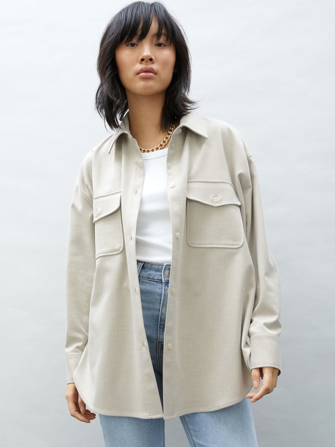 

H&M Women Beige Solid Flannel Shirt