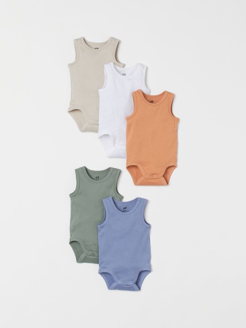 

H&M Kids Multicoloured Organic Cotton 5-Pack Sleeveless Sustainable Bodysuits, Multi