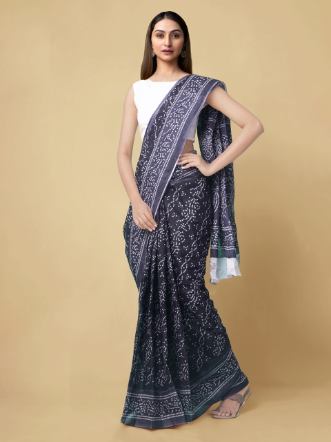 

Unnati Silks Navy Blue & White Pure Cotton Printed Bandhani Saree