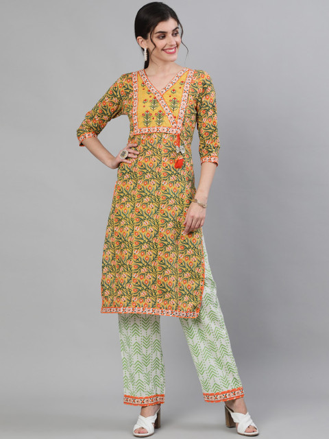 

Ishin Women Mustard & Green Printed Kurta with Trousers
