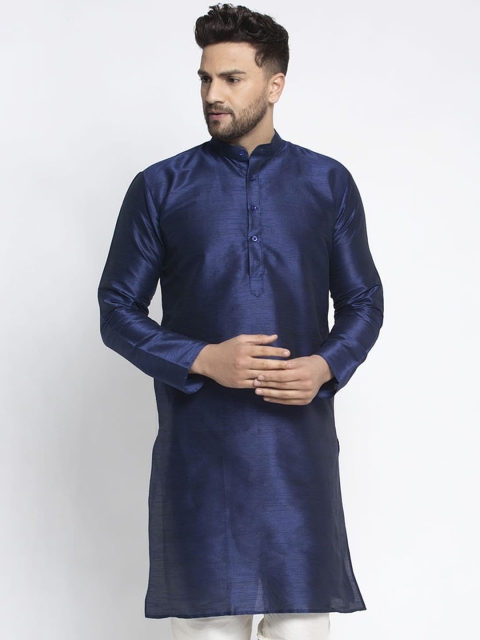 

Jompers Men Navy Blue Mandarin Collar Dupion Silk Kurta