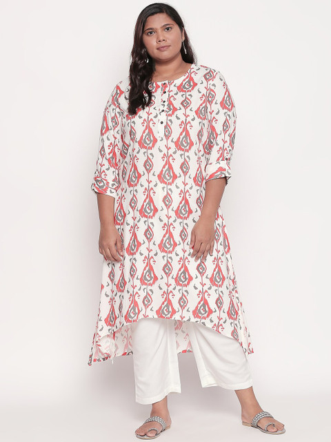 

RANGMANCH PLUS by Pantaloons Women White & Pink Ethnic Motifs Printed Kurta