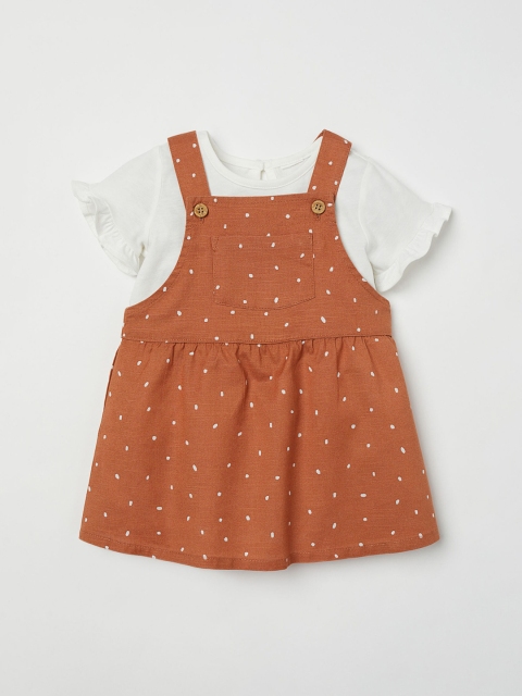 

H&M Girls Orange & White Printed Cotton Dungaree Dress and Top