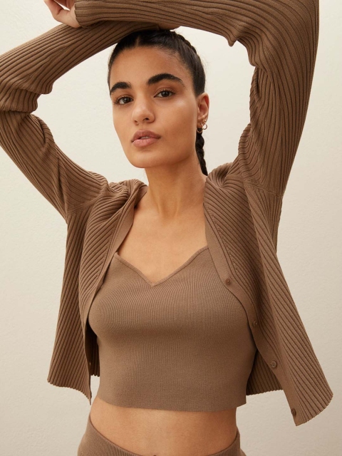 

H&M Women Brown Self Design Rib-knit Cardigan