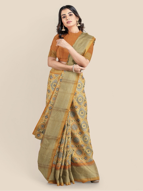

KLM Fashion Mall Yellow Linen Blend Printed Banarasi Saree