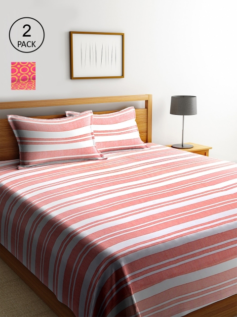 

KLOTTHE Set Of 2 Pink & White Striped Double King Bed Covers With 4 Pillow Covers