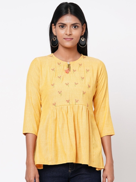 

FASHOR Yellow & Pink Floral Embroidered Keyhole Neck A-Line Top