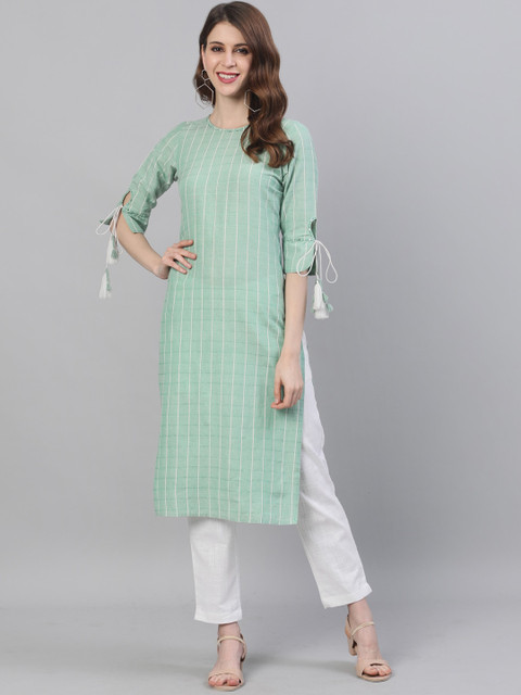 

Jaipur Kurti Women Blue & White Striped Kurta with Trousers