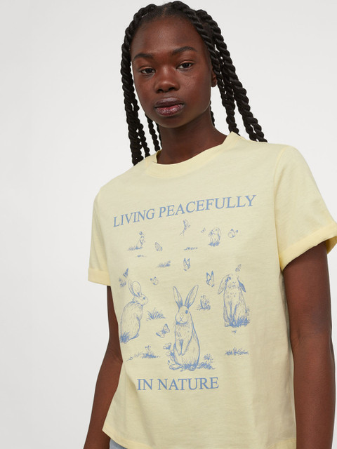 

H&M Women Yellow and Blue Printed Cotton T-shirt