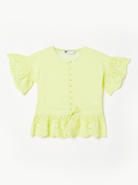 

Fame Forever by Lifestyle Yellow Bell Sleeves Pure Cotton Regular Top