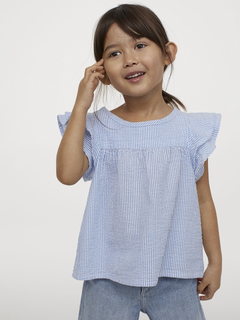 

H&M Girls Blue & White Striped Pure Cotton Flutter-Sleeved Blouse