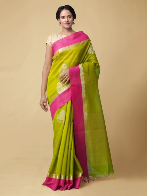

Unnati Silks Green Silk Cotton Solid Kanjeevaram Saree