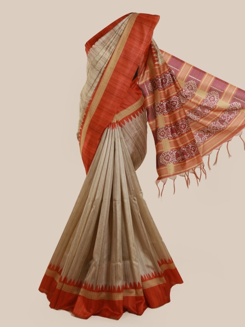 

Pothys Cream-Coloured Solid Jute Silk Saree