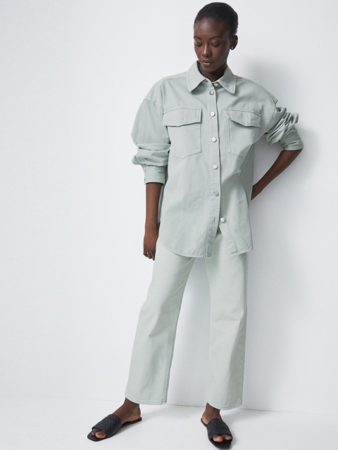 

H&M Women Green Solid Denim Shirt Jacket